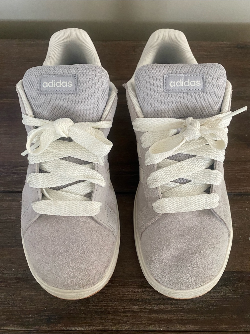 adidas Kids big girl 5 Light Grey Suede Sneakers with Cream Laces